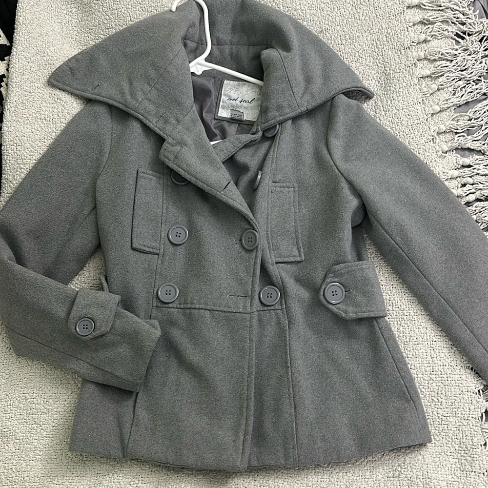 Grey wet seal peach with button closure, pockets, oversized collar